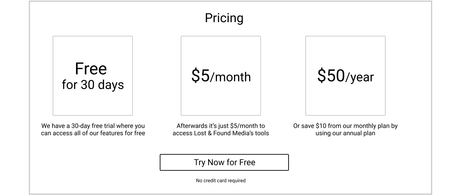 Lost & Found Media Homepage - Wireframe (Pricing)