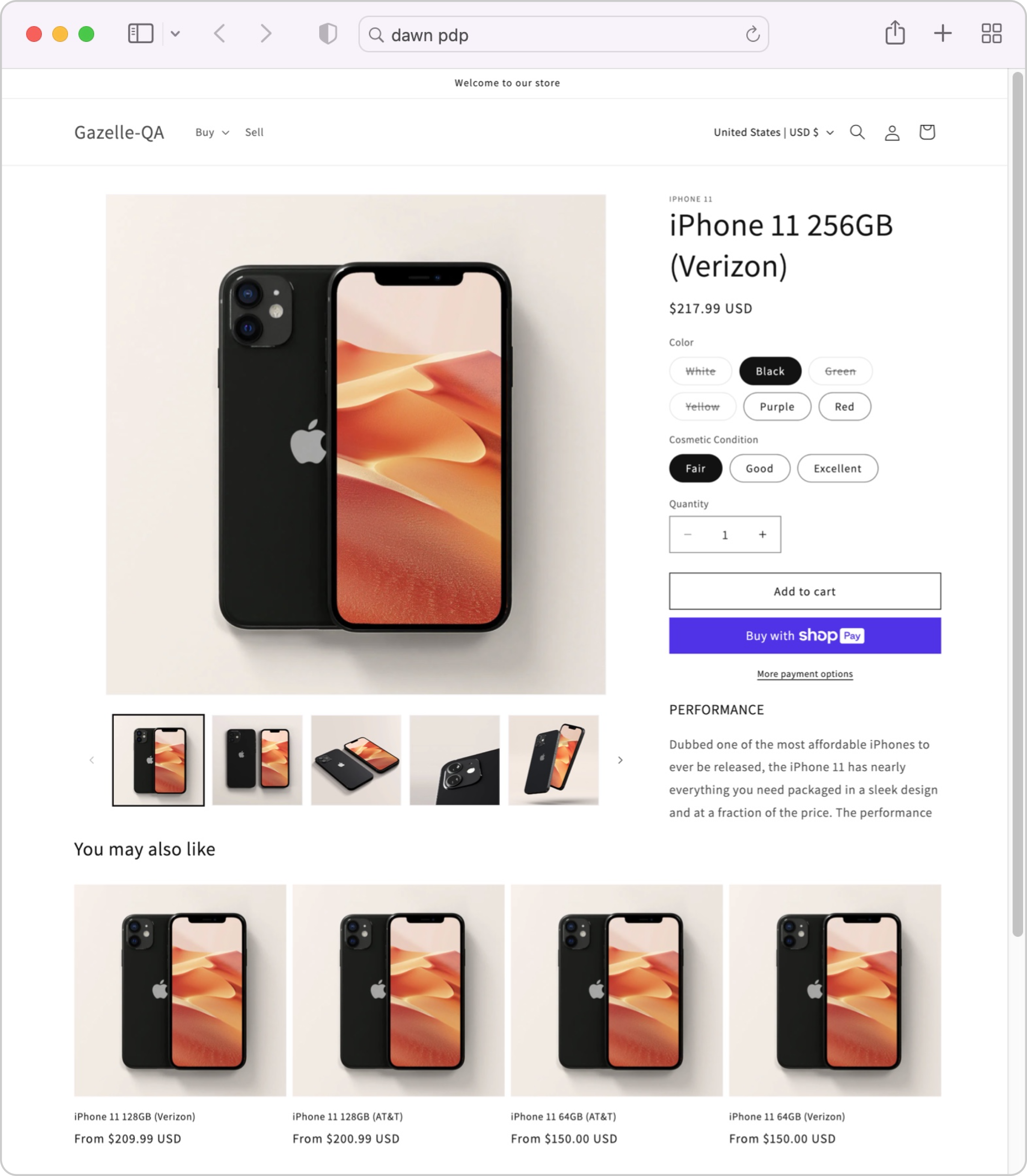 Our product page using default Shopify Dawn Theme