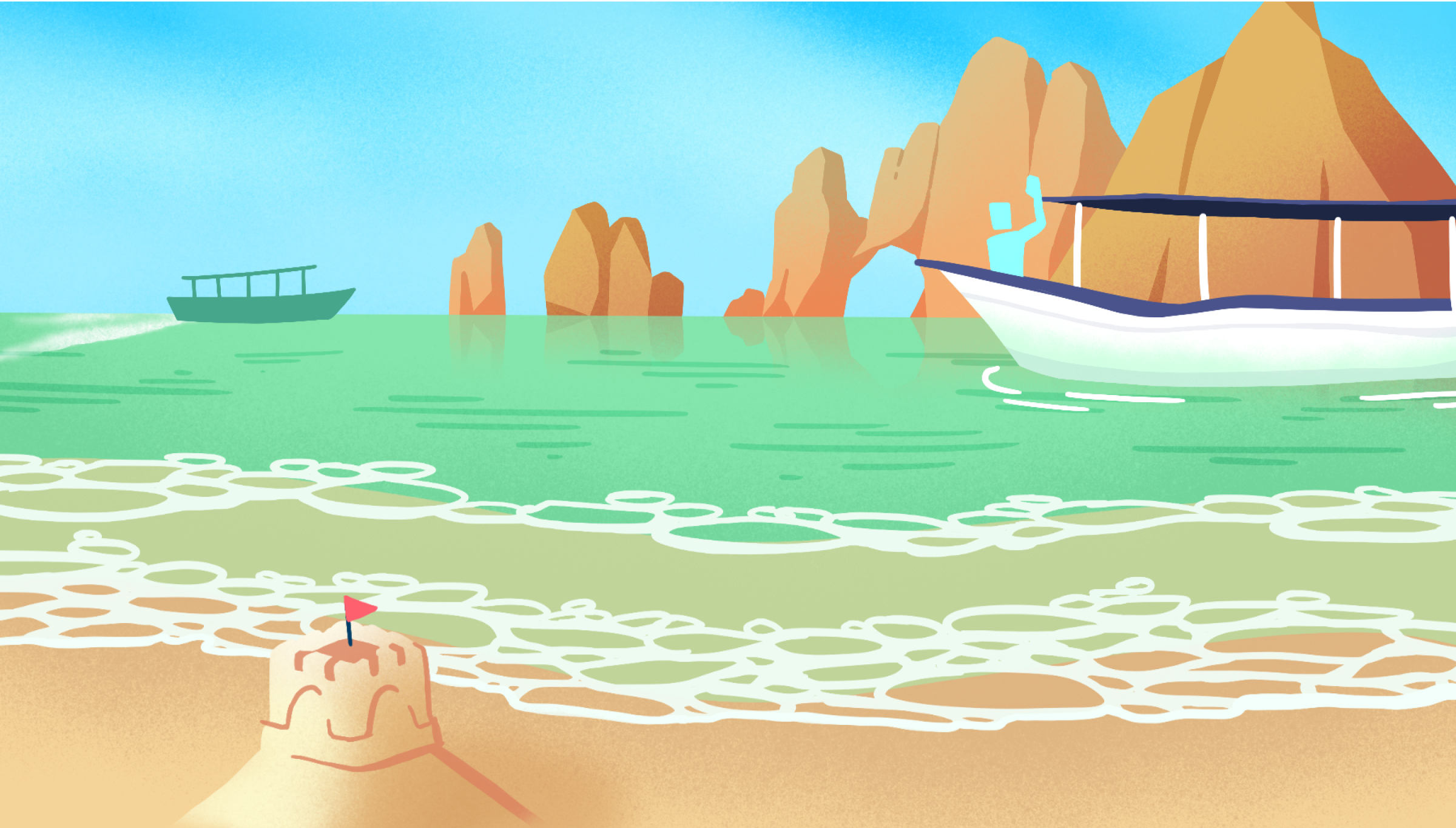 Bitguy waves from a boat as you watch from a beach in Los Cabos