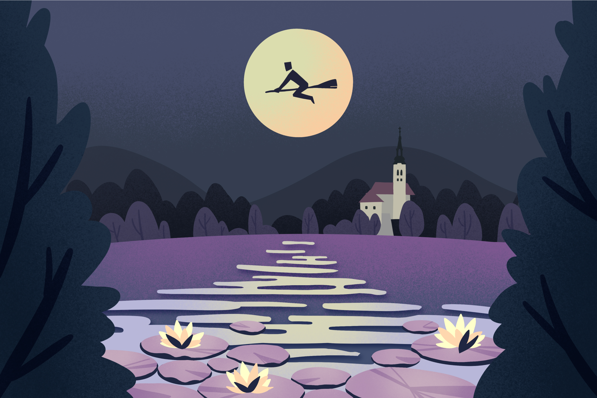 Bitguy flys across the sky on his broomstick above Lake Bled 